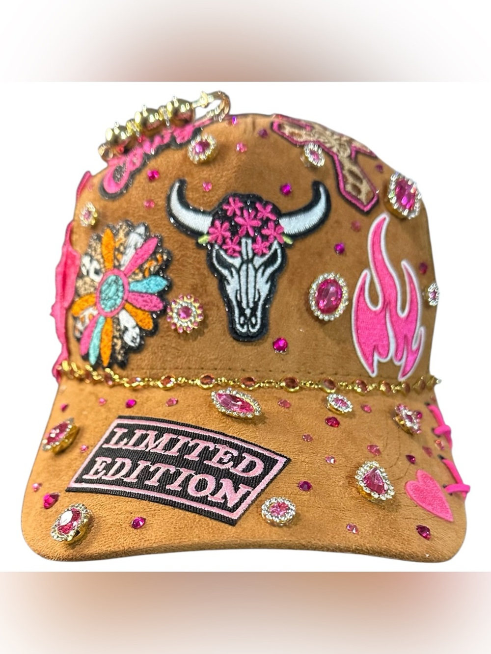 Embellished Brown & Pink Cap with Floral and Skull Motifs